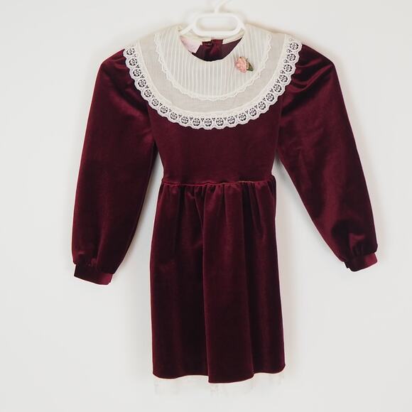 Vintage Bow Age Girls Holiday Dress Size 6 Velour Lace Victorian Made in USA - Picture 1 of 9